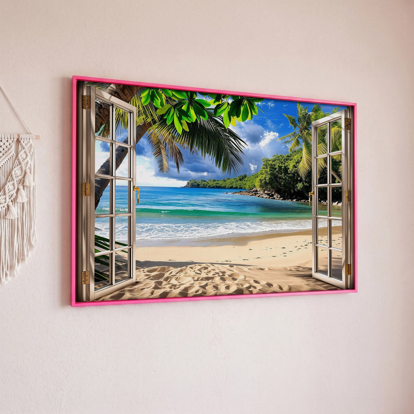 Coastal Window View Canvas Print in pink floating frame