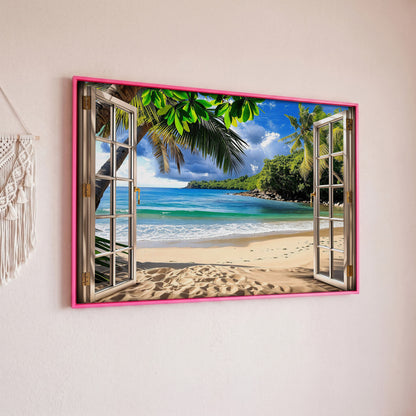 Coastal Window View Canvas Print in pink floating frame