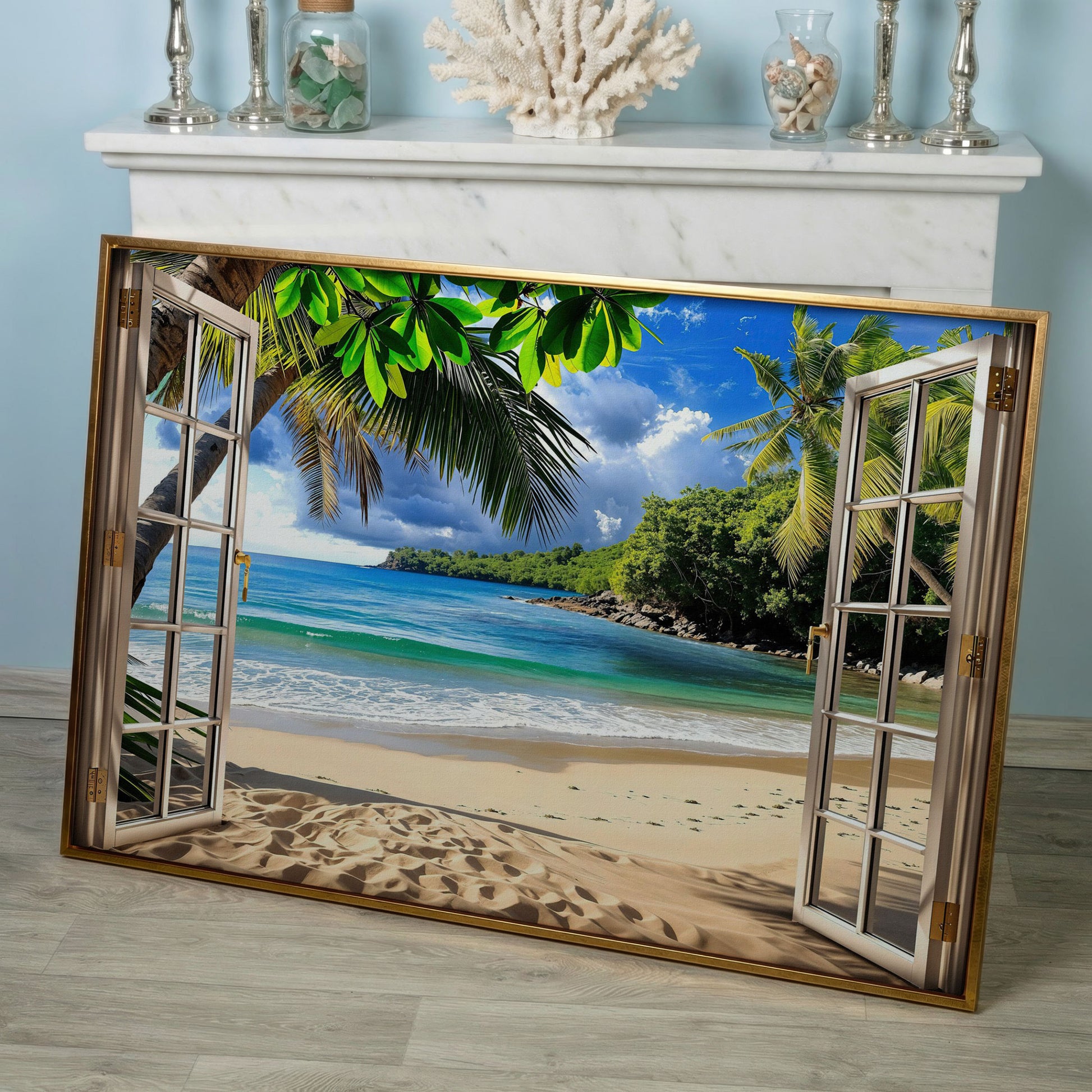 Coastal Window View Canvas Print in rose gold floating frame