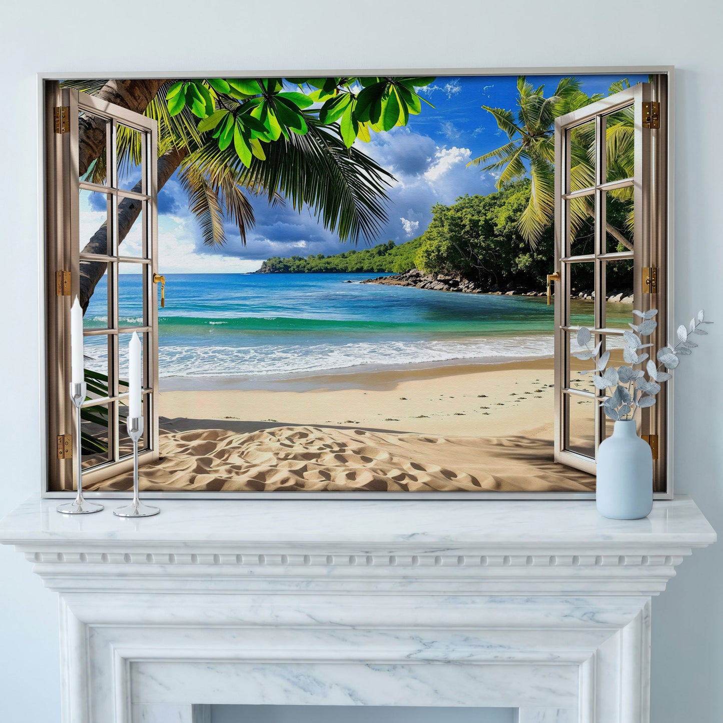 Coastal Window View Canvas Print in silver floating frame