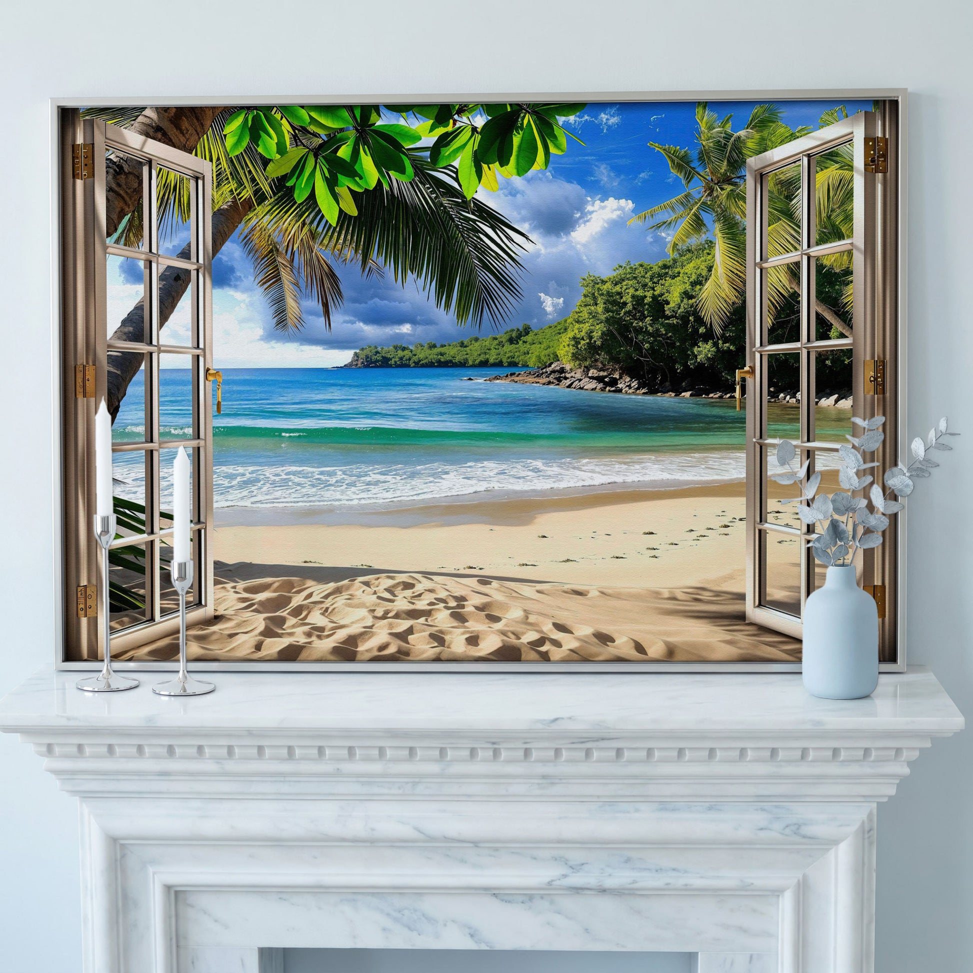 Coastal Window View Canvas Print in silver floating frame