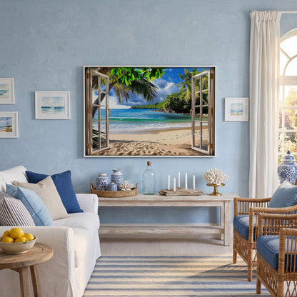 Coastal Window View Canvas Print in white floating frame