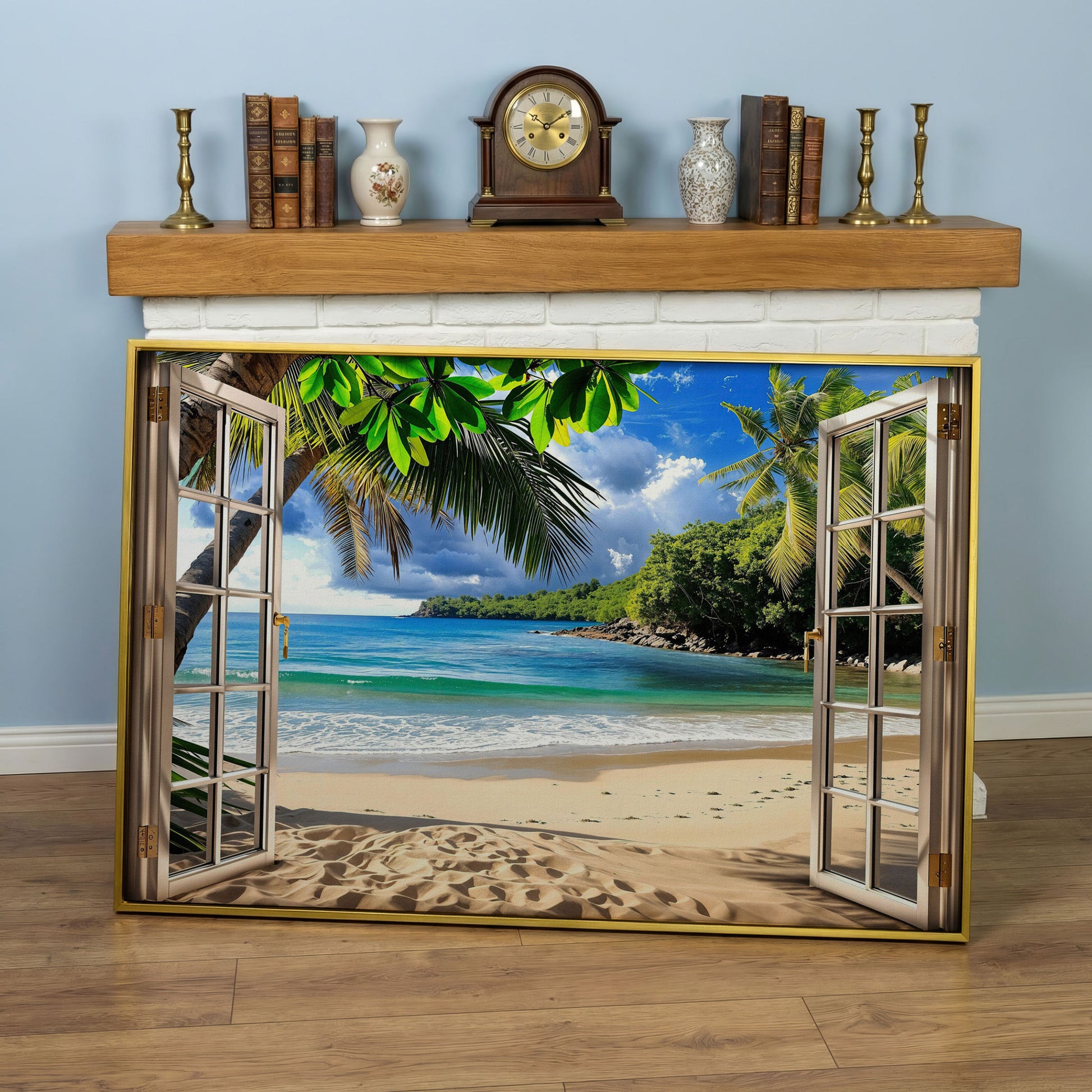 Coastal Window View Canvas Print in yellow gold floating frame