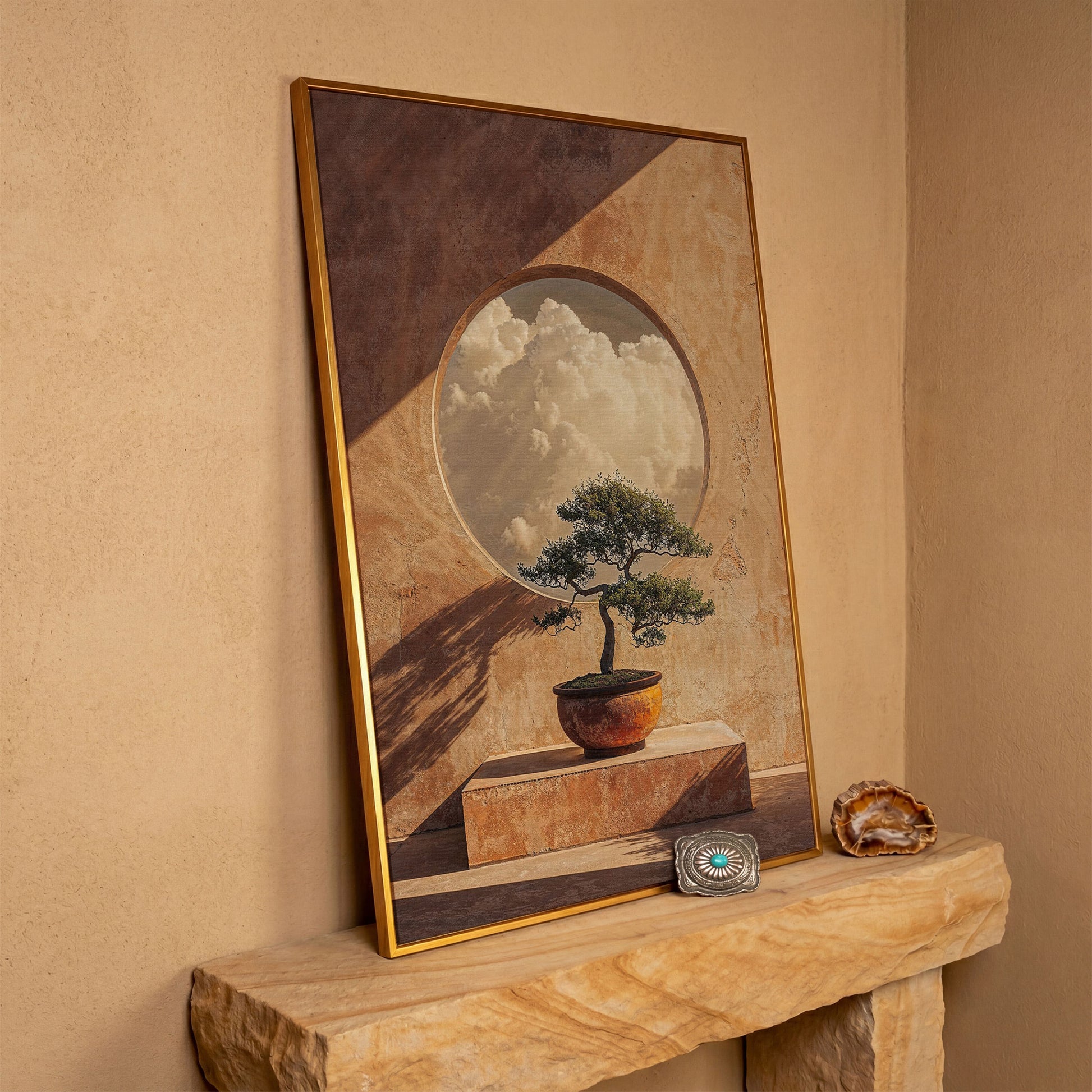 Bonsai and Cloudscape Canvas Art, Zen Minimalist Portrait Print in antique gold floating frame