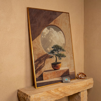 Bonsai and Cloudscape Canvas Art, Zen Minimalist Portrait Print in antique gold floating frame