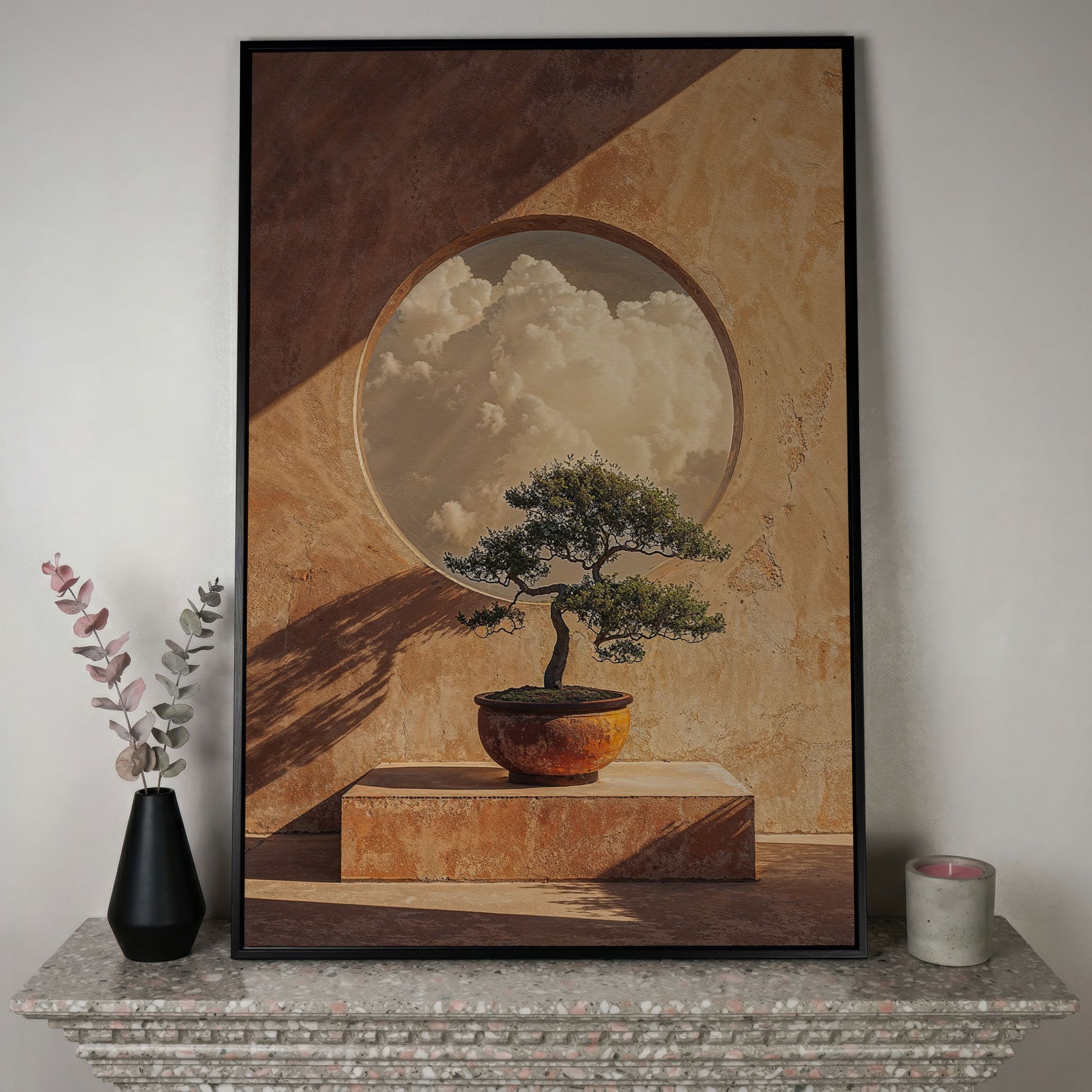 Bonsai and Cloudscape Canvas Art, Zen Minimalist Portrait Print in black floating frame