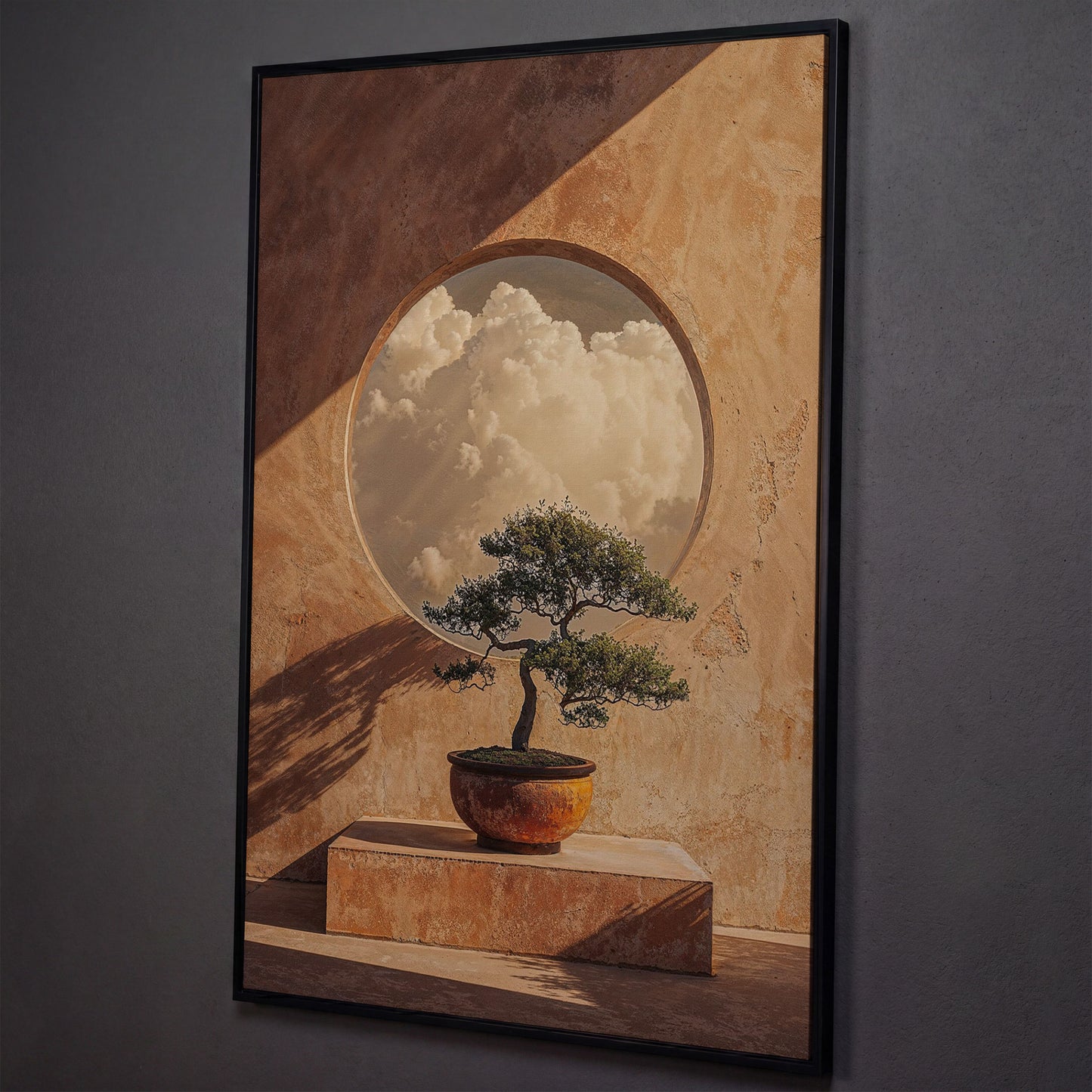 Bonsai and Cloudscape Canvas Art, Zen Minimalist Portrait Print shown in black floating frame