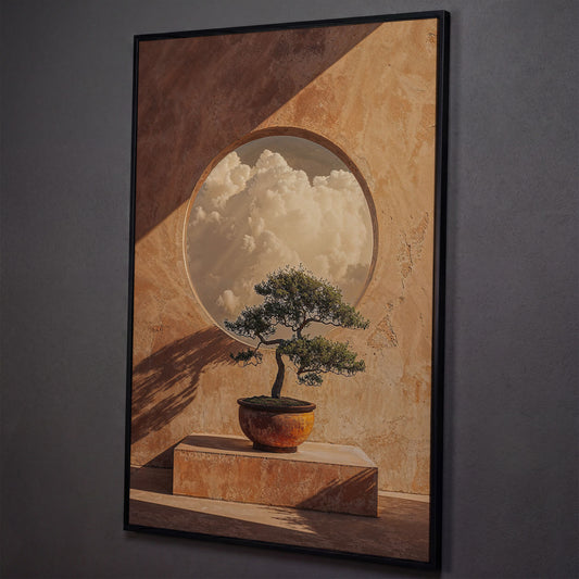 Bonsai and Cloudscape Canvas Art, Zen Minimalist Portrait Print shown in black floating frame