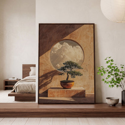 Bonsai and Cloudscape Canvas Art, Zen Minimalist Portrait Print in dark walnut floating frame