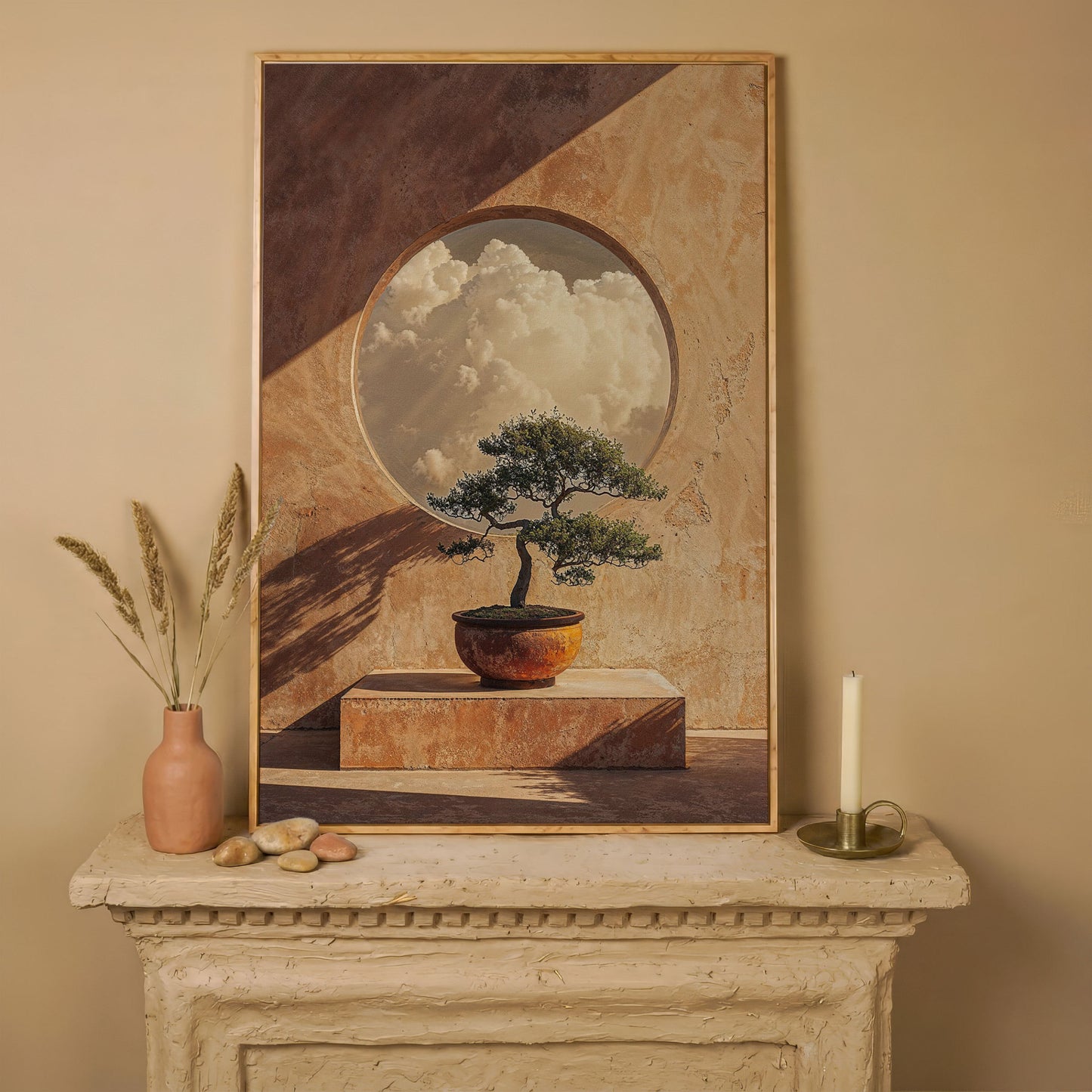 Bonsai and Cloudscape Canvas Art, Zen Minimalist Portrait Print in white oak floating frame