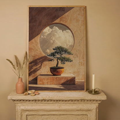 Bonsai and Cloudscape Canvas Art, Zen Minimalist Portrait Print in white oak floating frame
