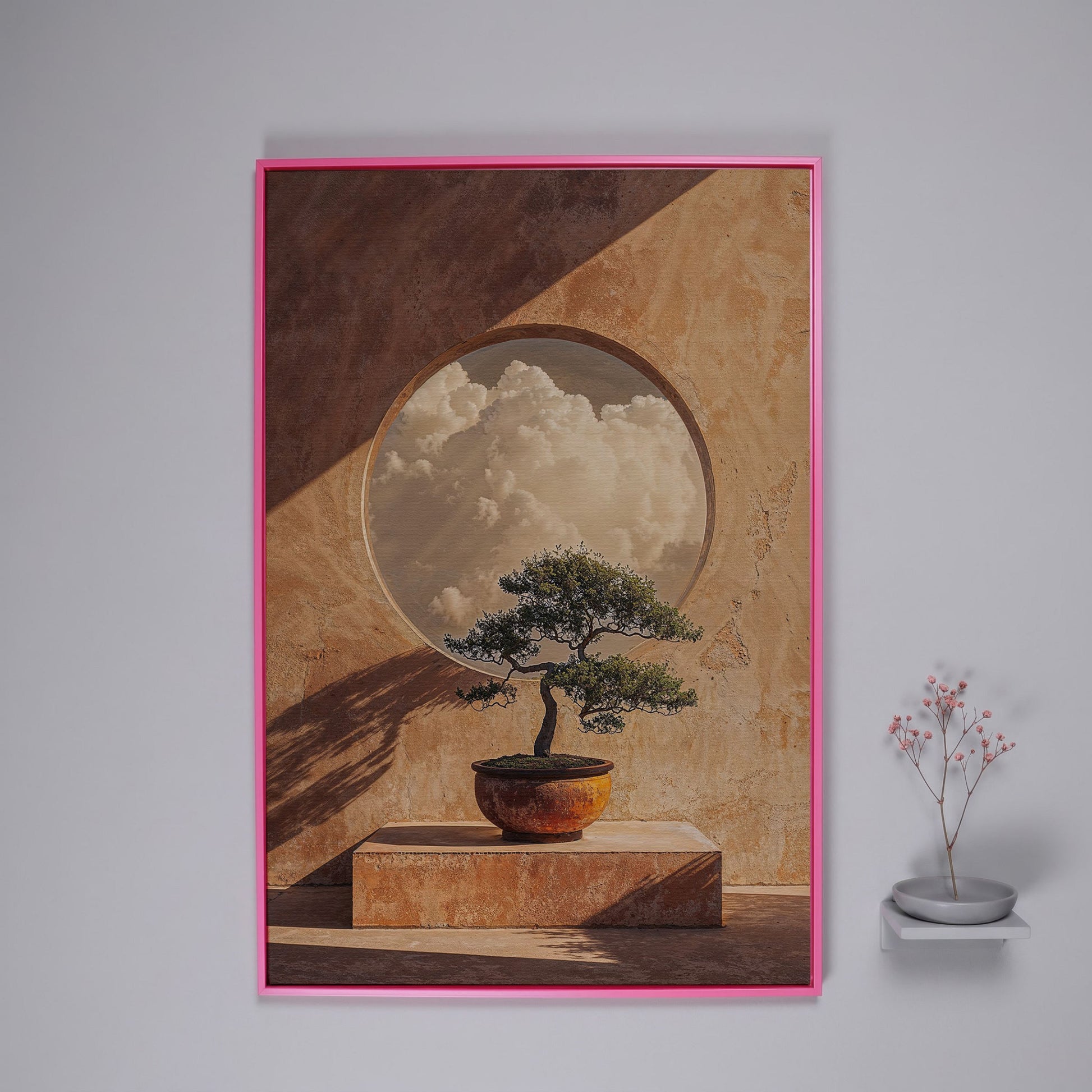 Bonsai and Cloudscape Canvas Art, Zen Minimalist Portrait Print in pink floating frame