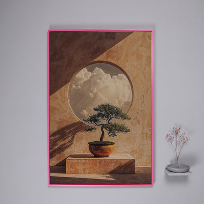 Bonsai and Cloudscape Canvas Art, Zen Minimalist Portrait Print in pink floating frame