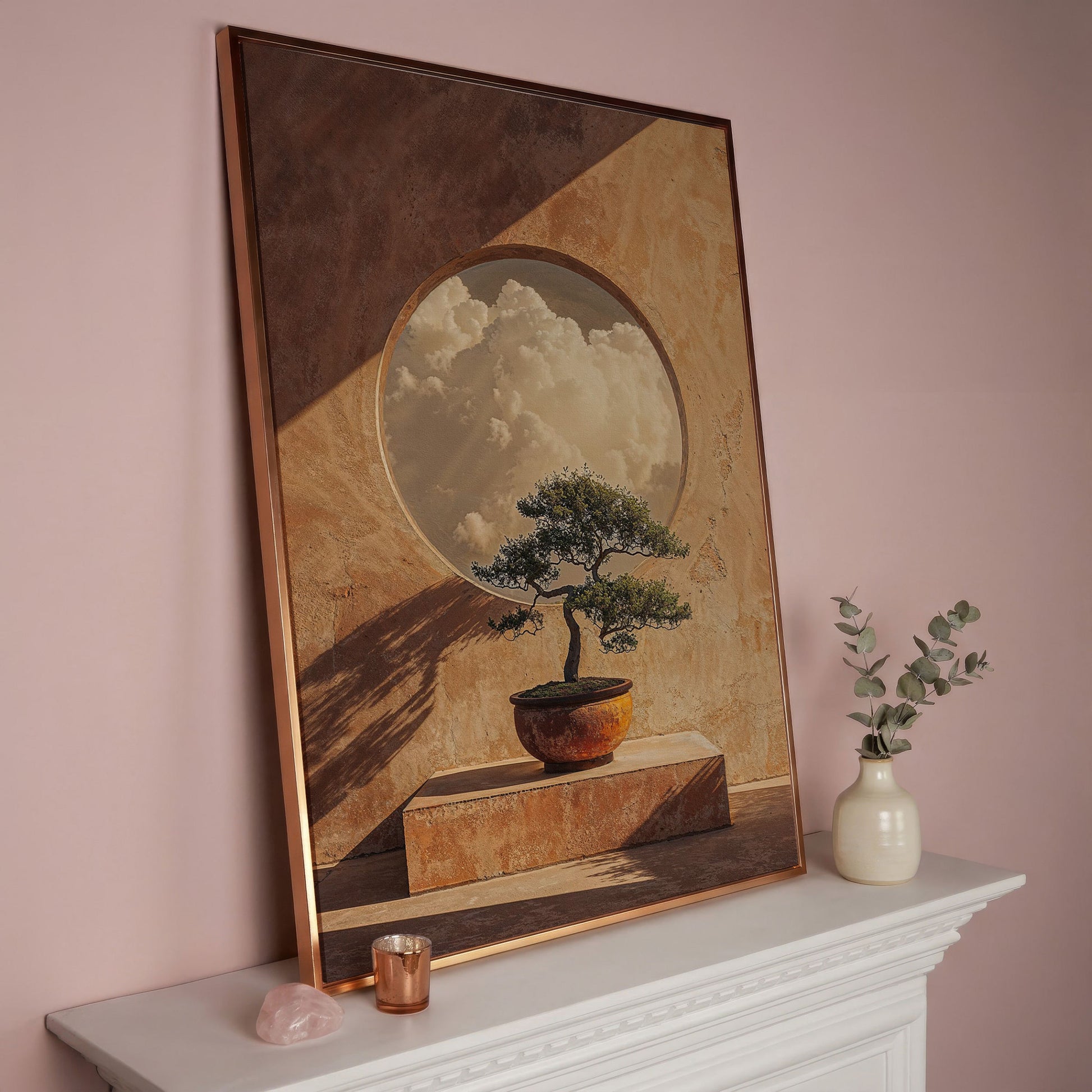 Bonsai and Cloudscape Canvas Art, Zen Minimalist Portrait Print in rose gold floating frame