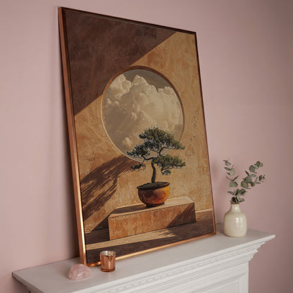 Bonsai and Cloudscape Canvas Art, Zen Minimalist Portrait Print in rose gold floating frame