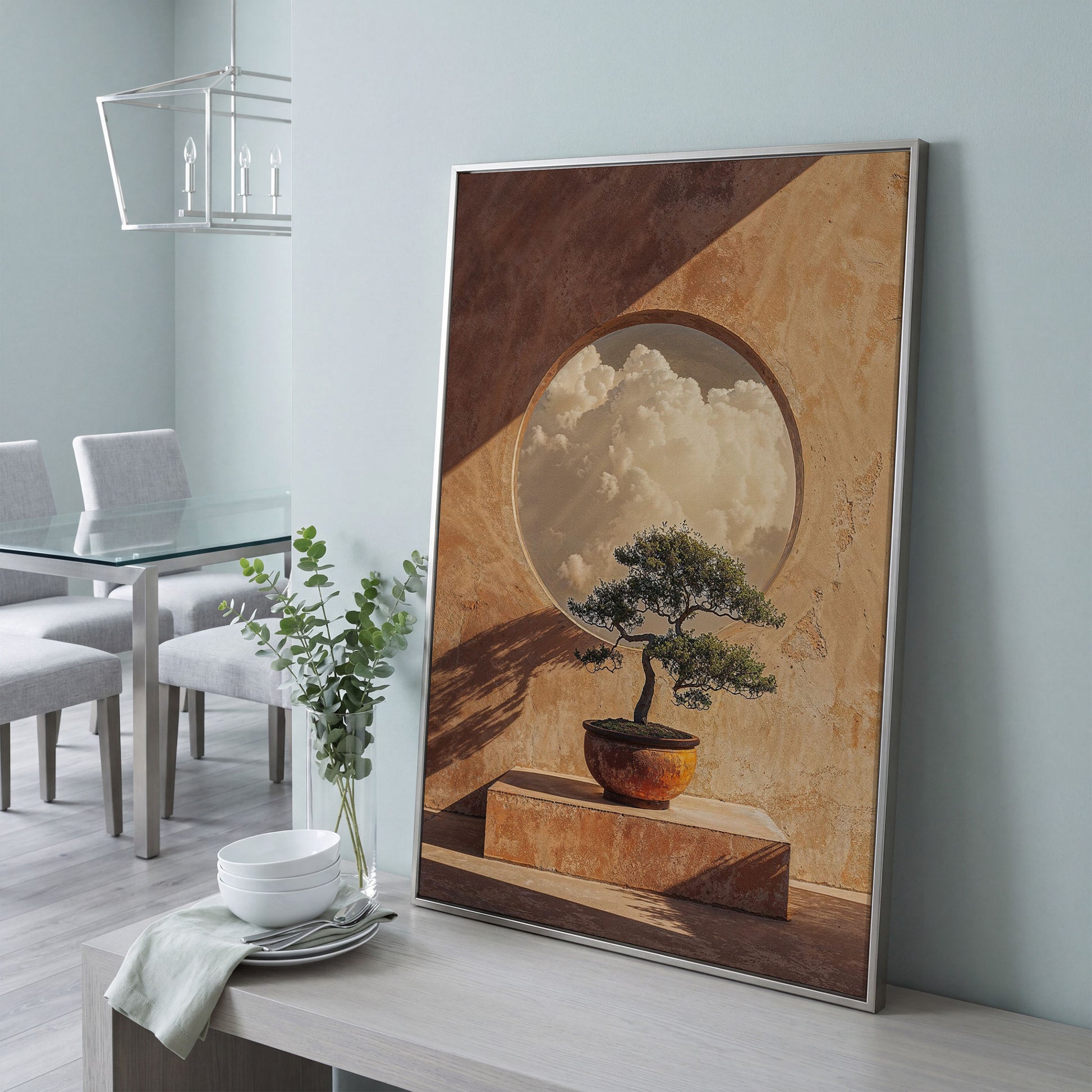 Bonsai and Cloudscape Canvas Art, Zen Minimalist Portrait Print in silver floating frame