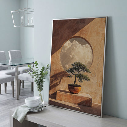 Bonsai and Cloudscape Canvas Art, Zen Minimalist Portrait Print in silver floating frame