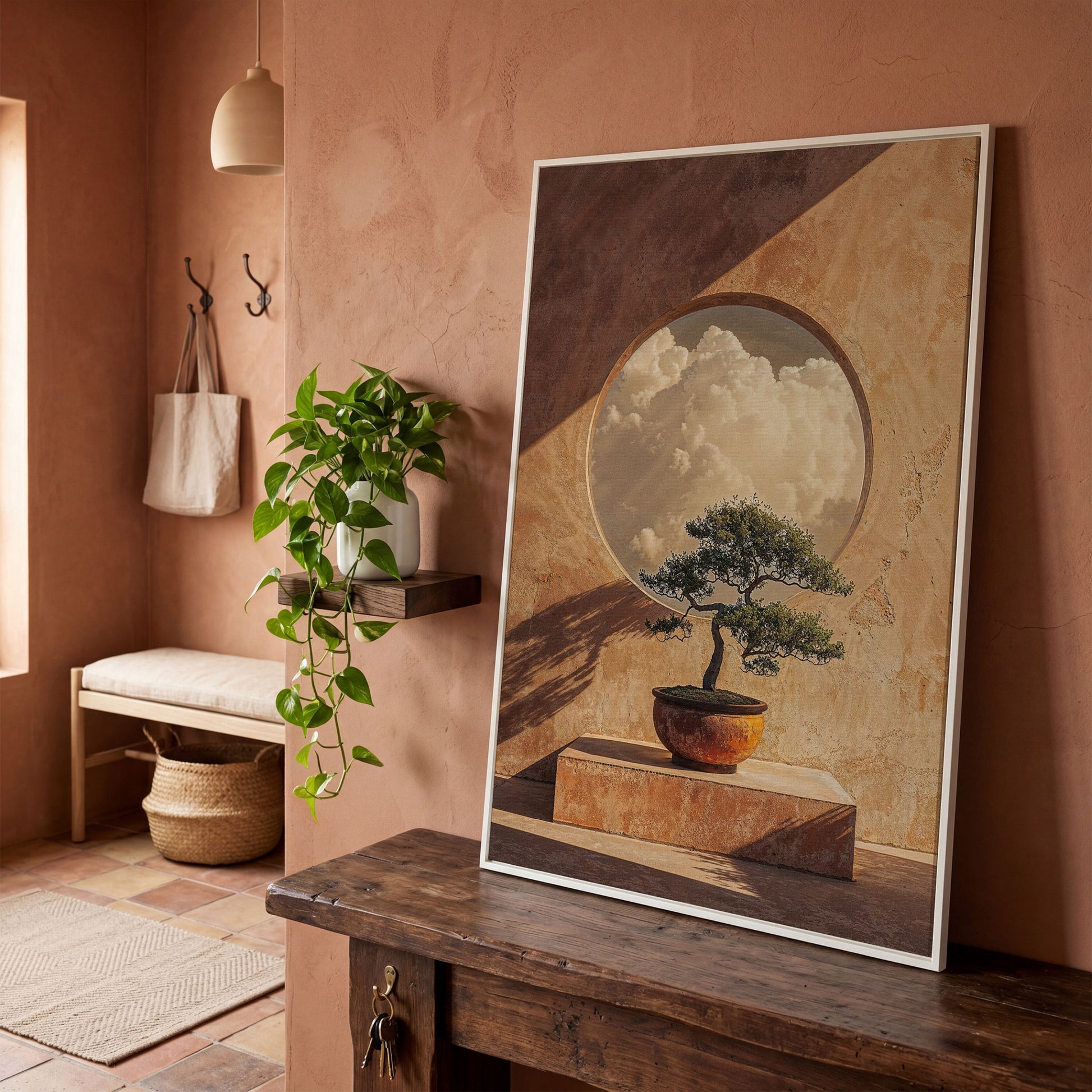 Bonsai and Cloudscape Canvas Art, Zen Minimalist Portrait Print in white floating frame