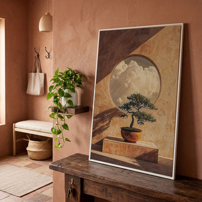Bonsai and Cloudscape Canvas Art, Zen Minimalist Portrait Print in white floating frame