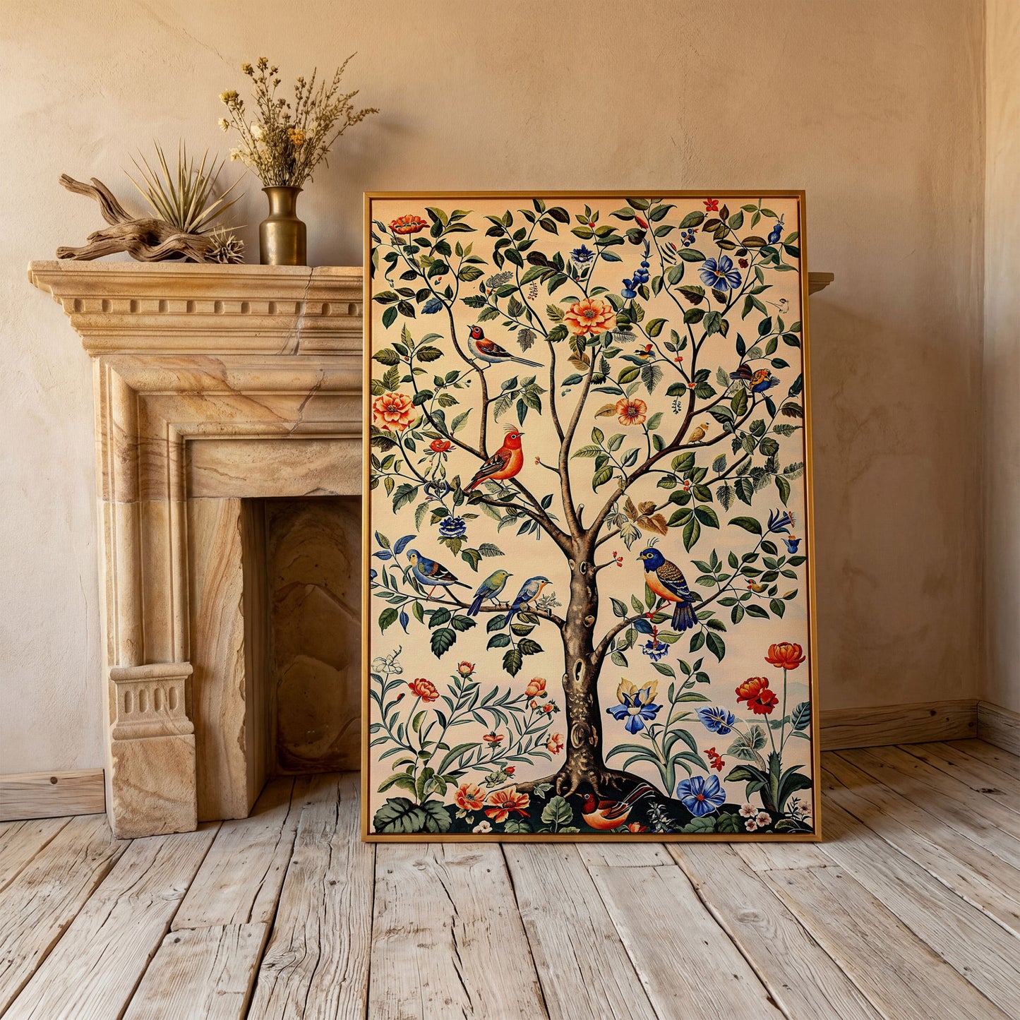 Colorful Songbirds Tree of Life Canvas in antique gold floating frame