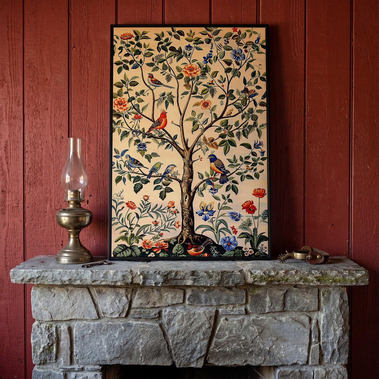 Colorful Songbirds Tree of Life Canvas in black floating frame