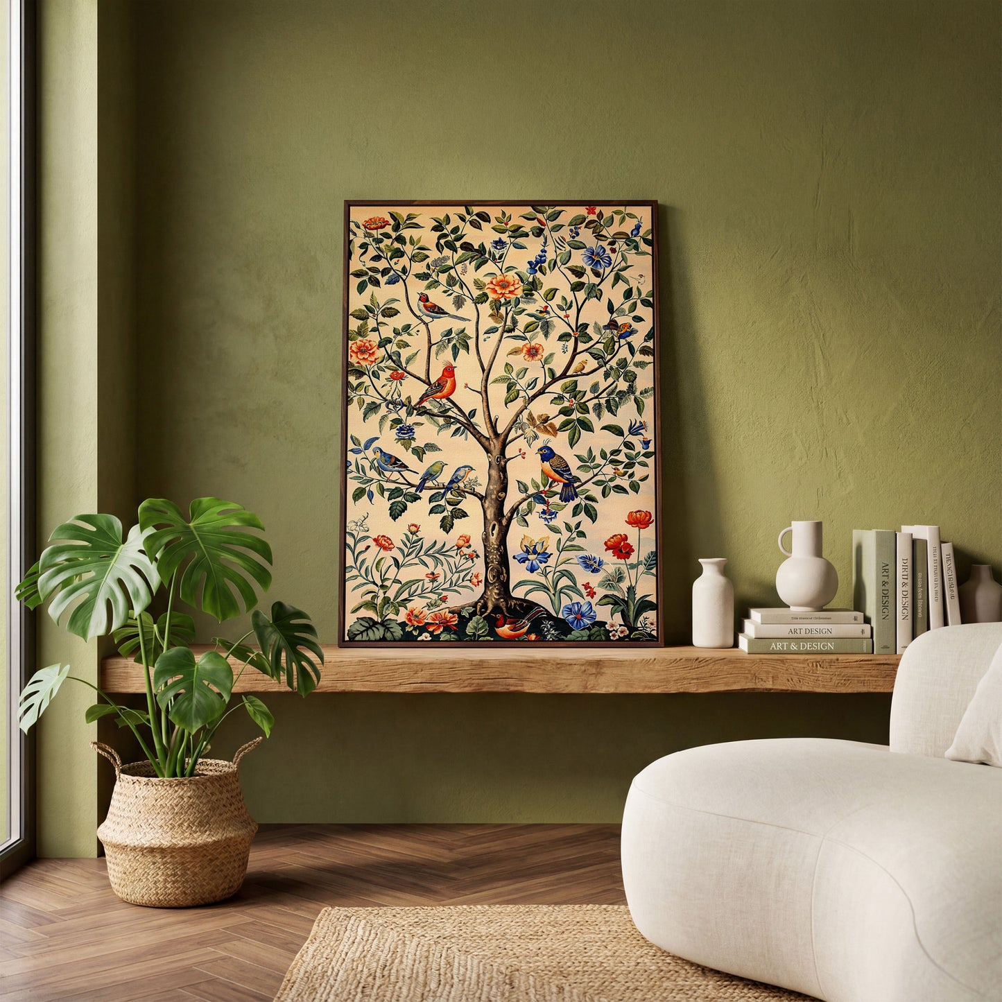 Colorful Songbirds Tree of Life Canvas in dark walnut floating frame
