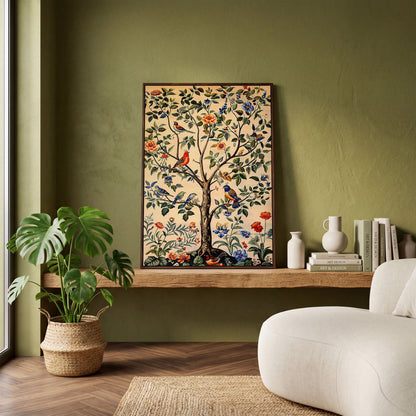 Colorful Songbirds Tree of Life Canvas in dark walnut floating frame