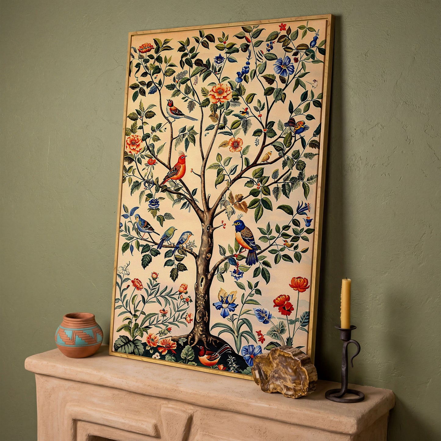 Colorful Songbirds Tree of Life Canvas in white oak floating frame