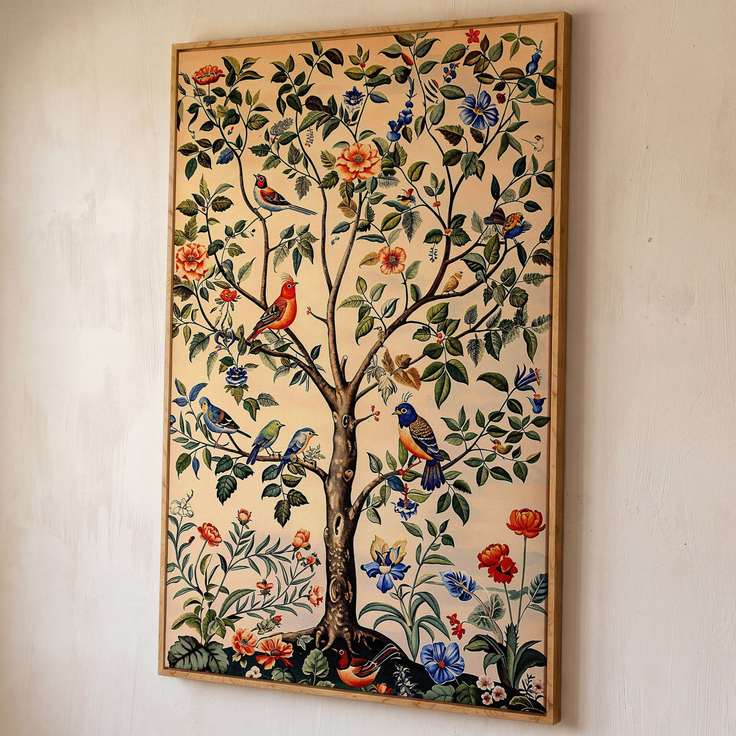 Colorful Songbirds Tree of Life Canvas shown in white oak floating frame