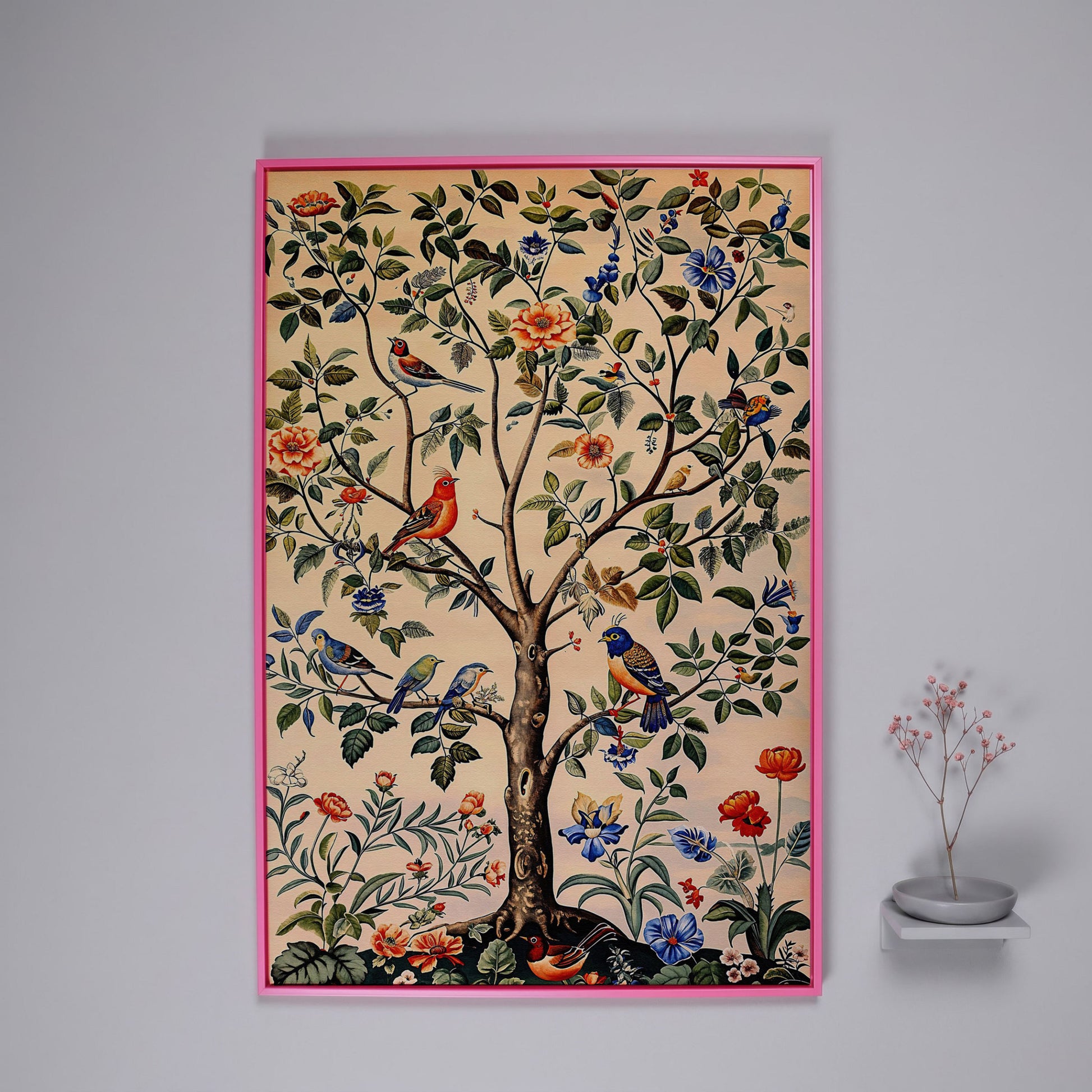 Colorful Songbirds Tree of Life Canvas in pink floating frame