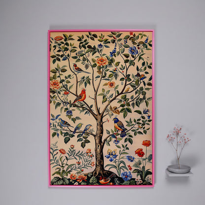 Colorful Songbirds Tree of Life Canvas in pink floating frame