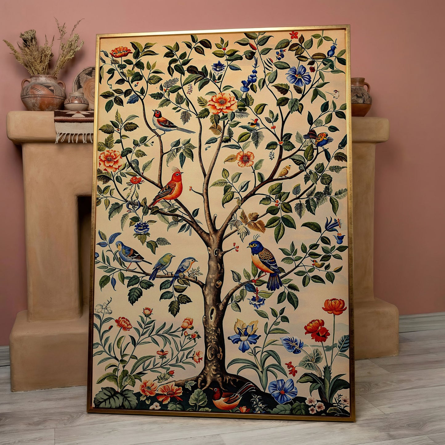 Colorful Songbirds Tree of Life Canvas in rose gold floating frame