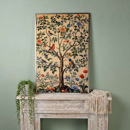 Colorful Songbirds Tree of Life Canvas in silver floating frame