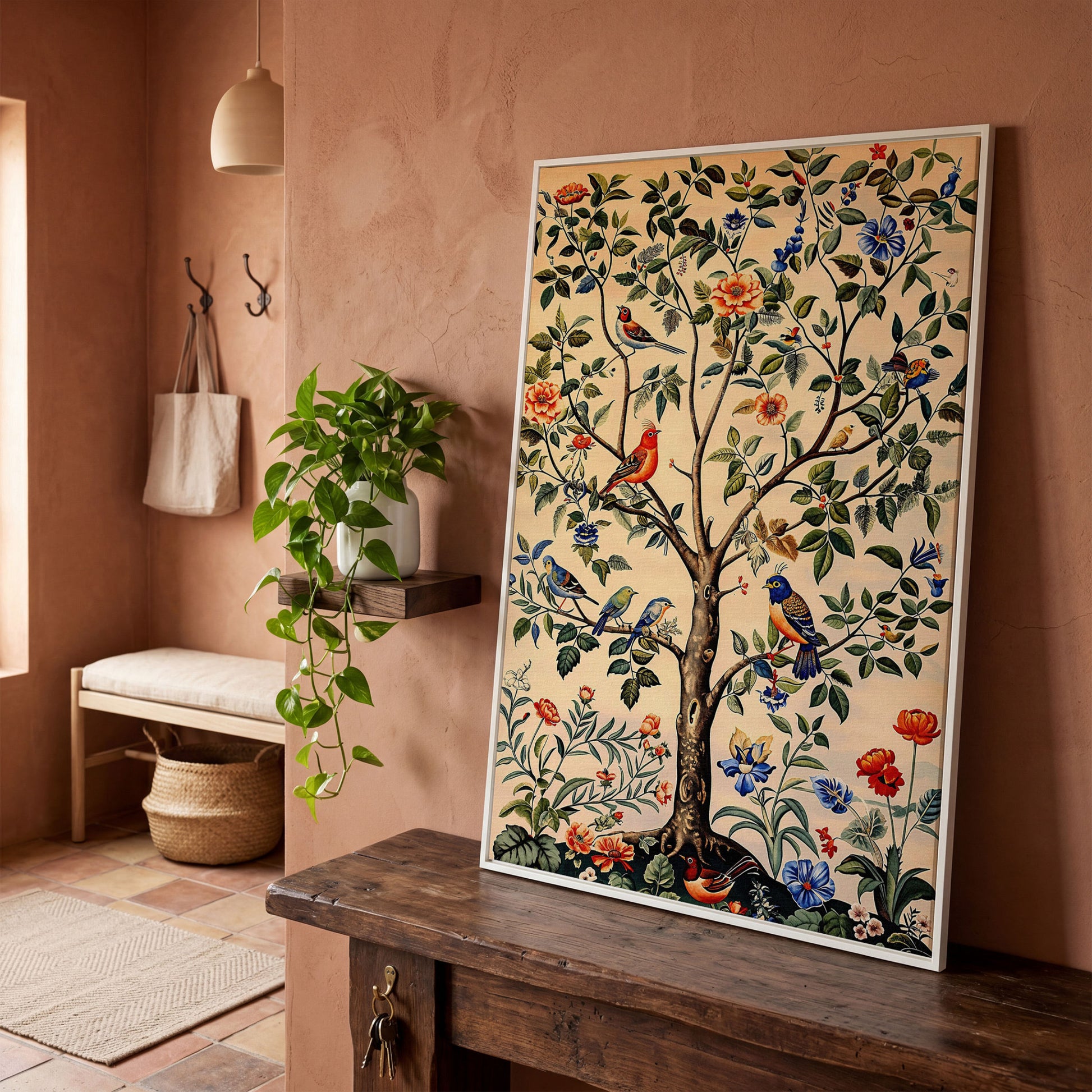 Colorful Songbirds Tree of Life Canvas in white floating frame
