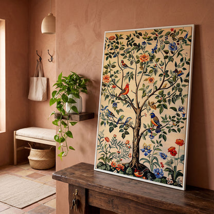Colorful Songbirds Tree of Life Canvas in white floating frame