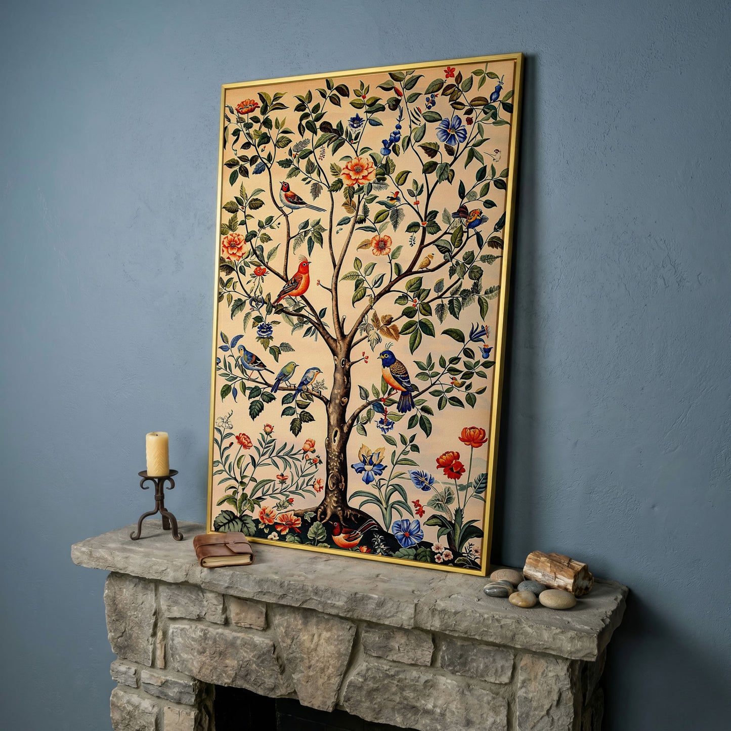 Colorful Songbirds Tree of Life Canvas in yellow gold floating frame