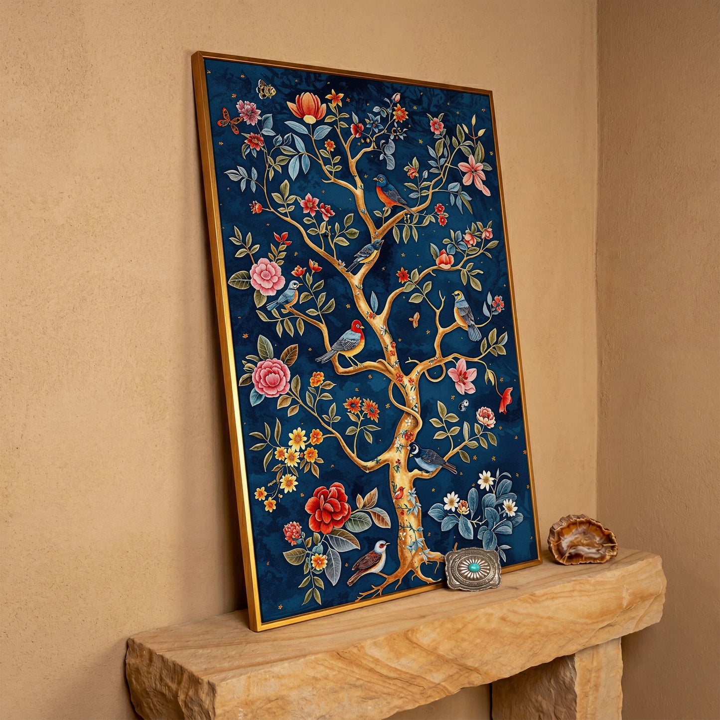 Navy Tree of Life with Coral Birds and Golden Leaves Canvas in antique gold floating frame