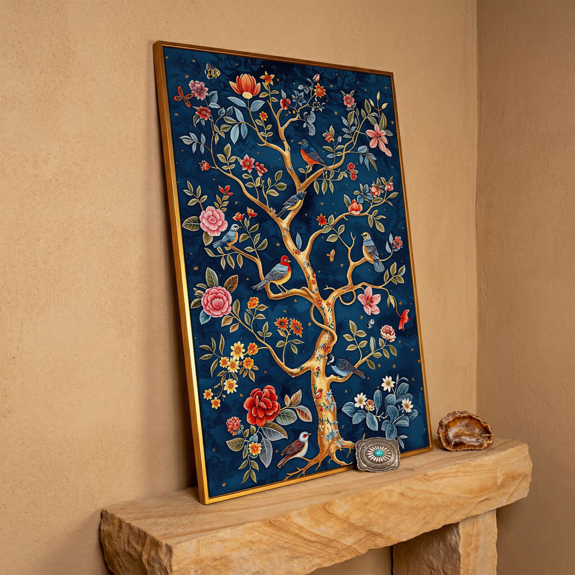 Navy Tree of Life with Coral Birds and Golden Leaves Canvas in antique gold floating frame