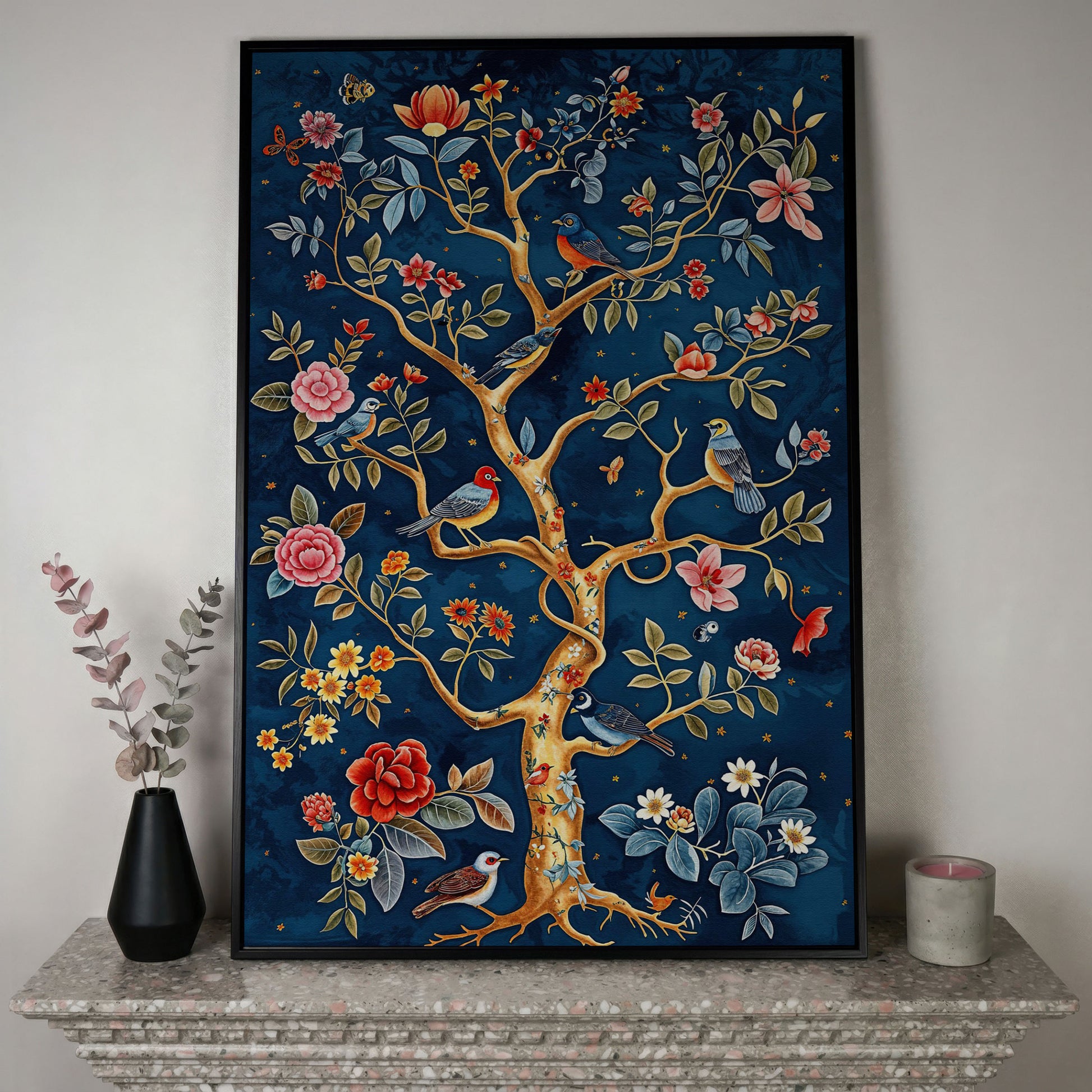 Navy Tree of Life with Coral Birds and Golden Leaves Canvas in black floating frame