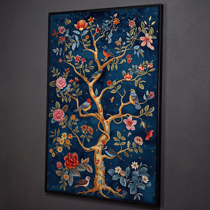 Navy Tree of Life with Coral Birds and Golden Leaves Canvas shown in black floating frame