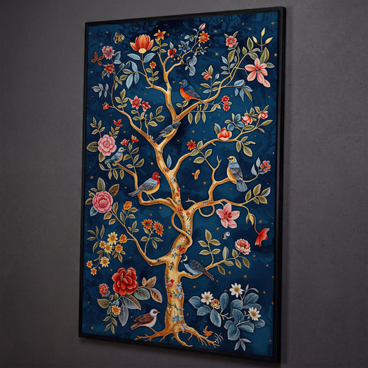 Navy Tree of Life with Coral Birds and Golden Leaves Canvas shown in black floating frame