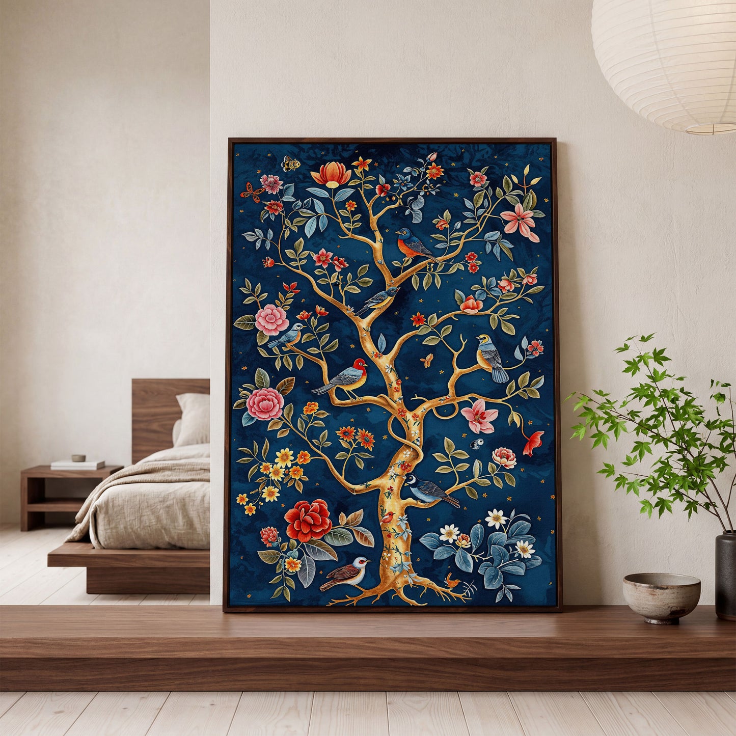 Navy Tree of Life with Coral Birds and Golden Leaves Canvas in dark walnut floating frame