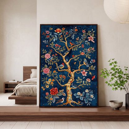 Navy Tree of Life with Coral Birds and Golden Leaves Canvas in dark walnut floating frame