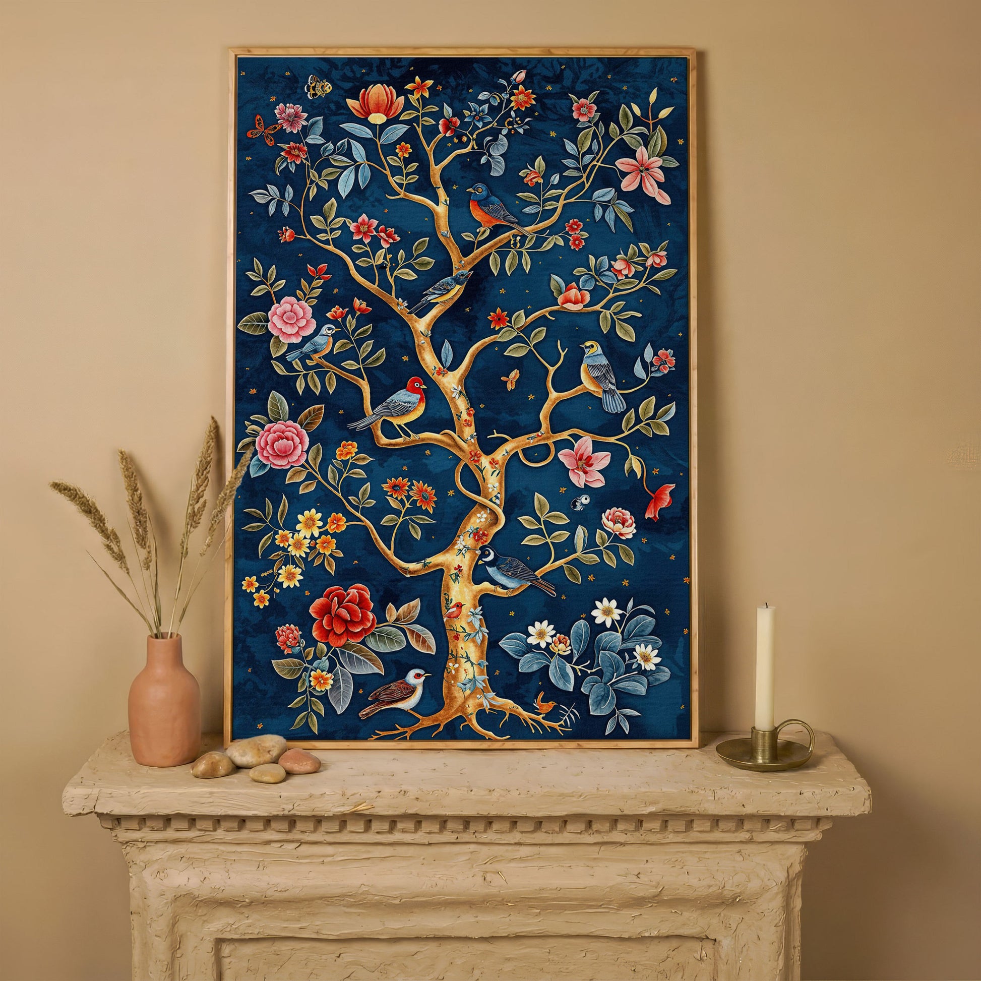 Navy Tree of Life with Coral Birds and Golden Leaves Canvas in white oak floating frame