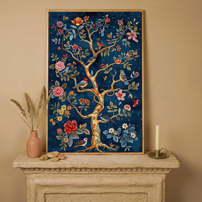Navy Tree of Life with Coral Birds and Golden Leaves Canvas in white oak floating frame