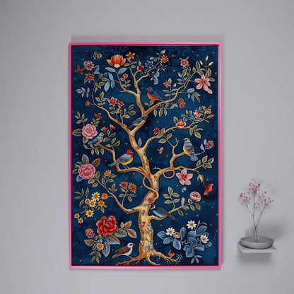 Navy Tree of Life with Coral Birds and Golden Leaves Canvas in pink floating frame