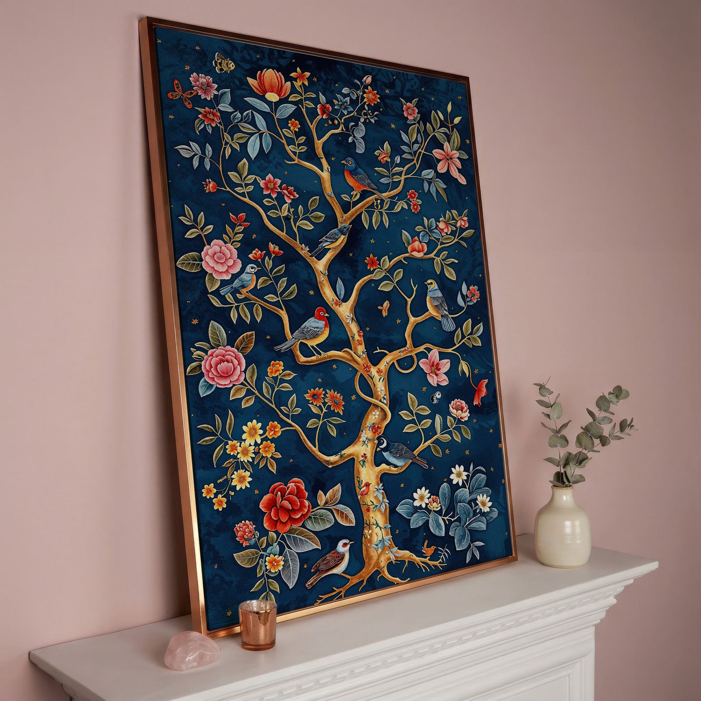 Navy Tree of Life with Coral Birds and Golden Leaves Canvas in rose gold floating frame