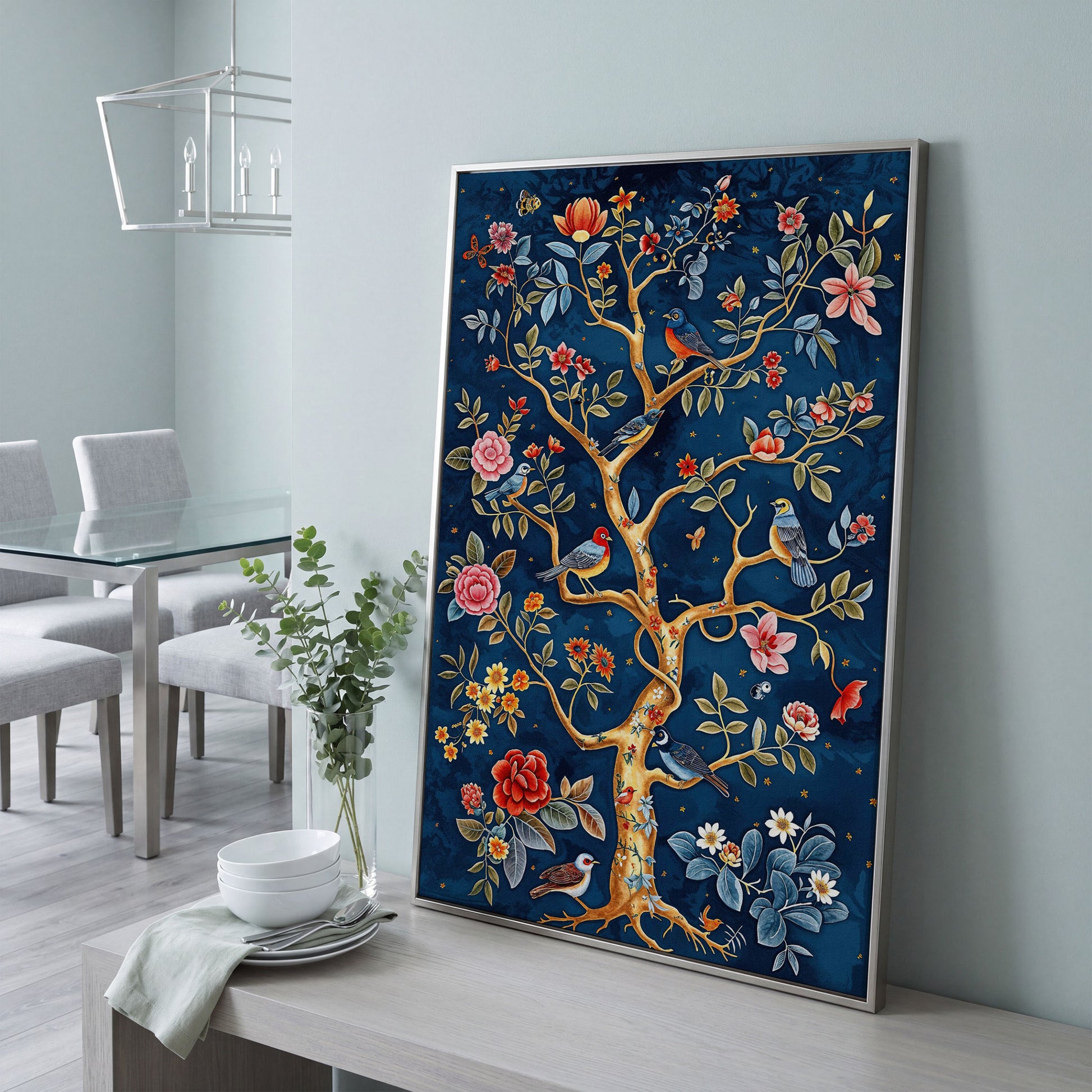 Navy Tree of Life with Coral Birds and Golden Leaves Canvas in silver floating frame
