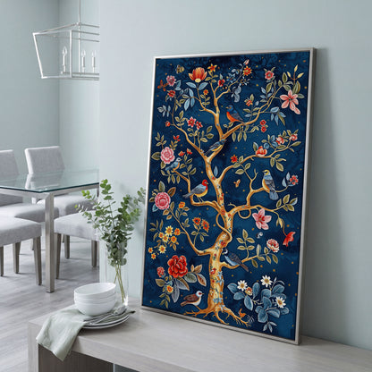 Navy Tree of Life with Coral Birds and Golden Leaves Canvas in silver floating frame