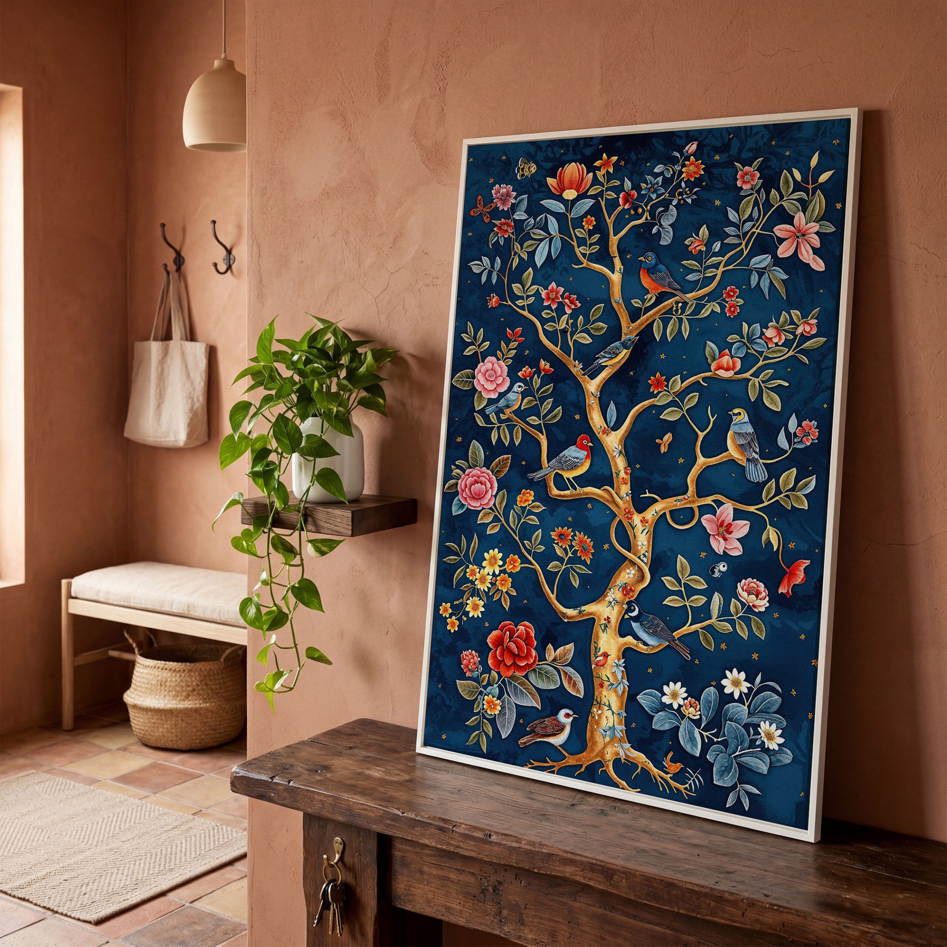 Navy Tree of Life with Coral Birds and Golden Leaves Canvas in white floating frame